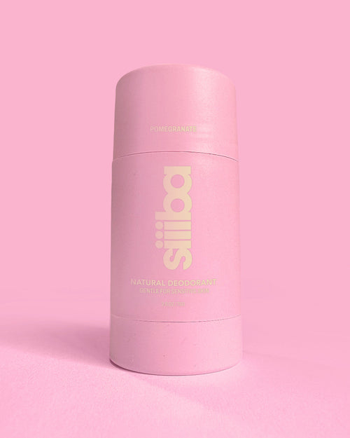 Pink deodorant container with 'Siiiba' branding on a pink background