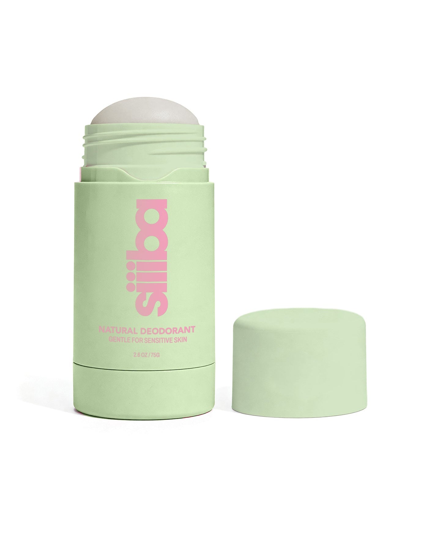 Green deodorant stick with cap on a white background
